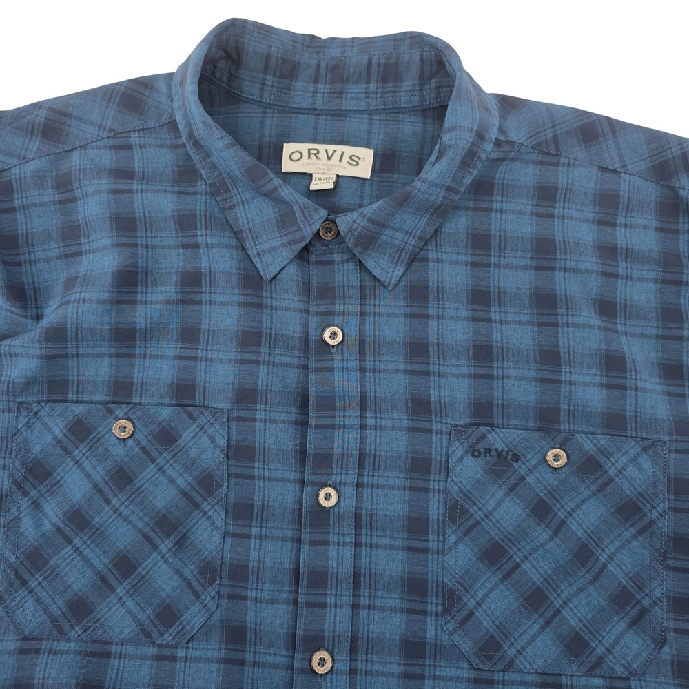 Orvis Mens XXL Blue Plaid Performance Short Sleeve Button Up Shirt Fishing